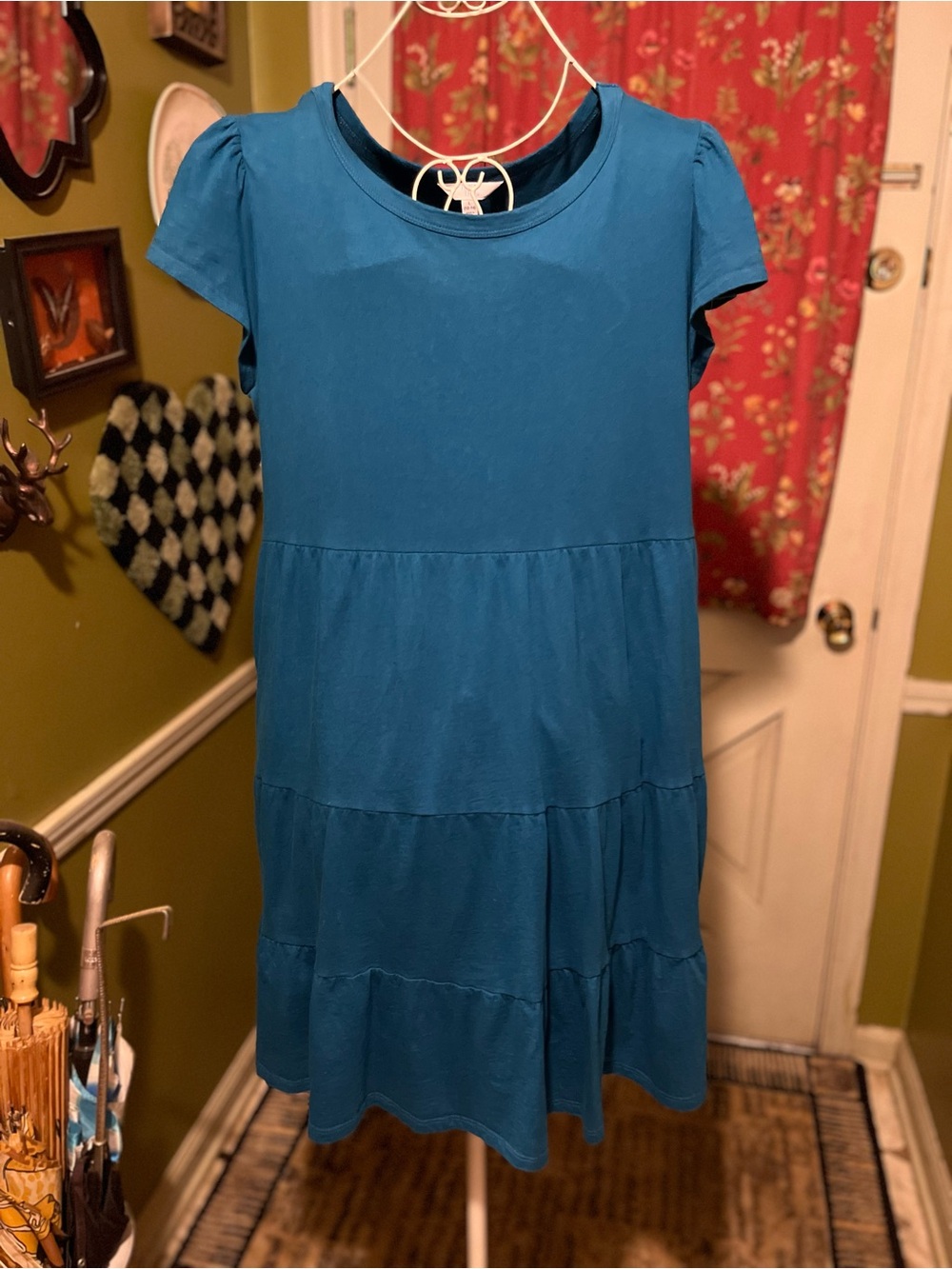 Time and Tru Teal Blue Short-Sleeve Knit Tiered T Shirt Dress